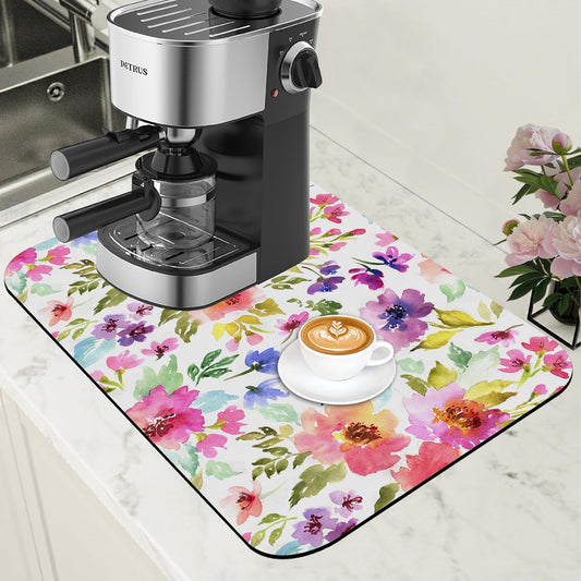Floral Watercolor Dish Drying Mat Colorful Flowers Coffee Bar Mat for Countertop Hide Stain Rubber Backed Absorbent Dish