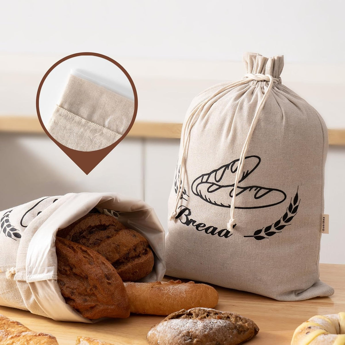 2 Pack Linen Bread Bags for Homemade Bread - Plastic Lined - Reusable Linen Sourdough Bread Storage Bags with Plastic Liner - 17" x 13"