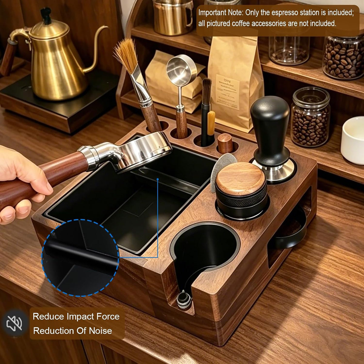Espresso tamping station and knock box,Wooden portafilter holder,Espresso organizer station box,Tamping station fit for storage 51/54/58mm coffee accessories,Multifunctional tamper station