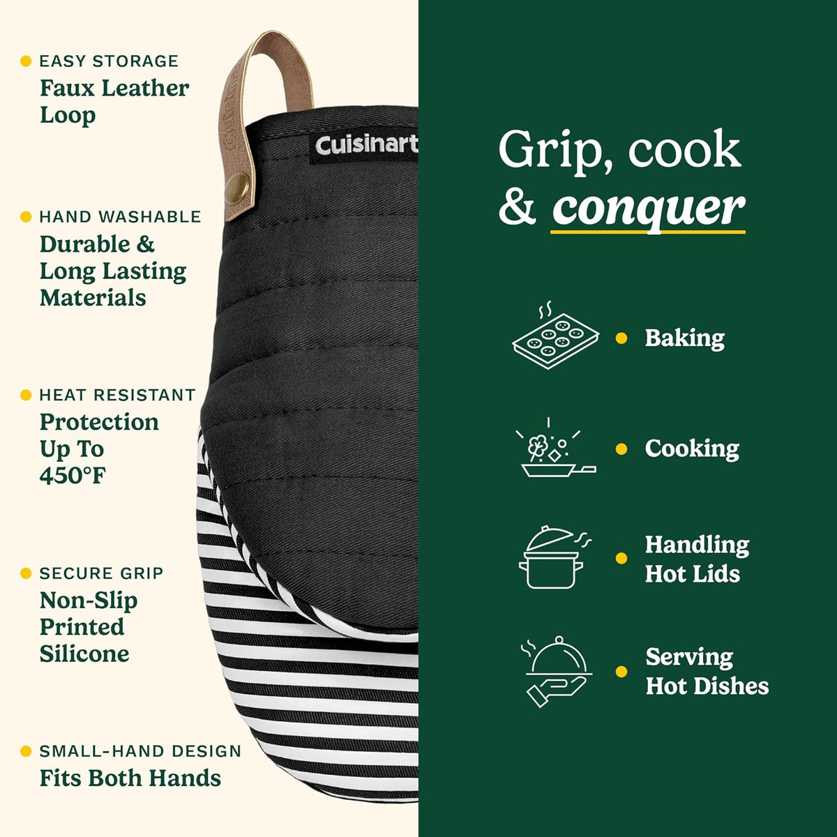 Cuisinart Mini Oven Mitts – 5.5” x 8” Heat-Resistant Kitchen Mitts for Oven with Non-Slip Printed Silicone, Cotton Filling, and Faux Leather Loop – Durable Oven Mitt Set for Cooking & Baking (Horizon)