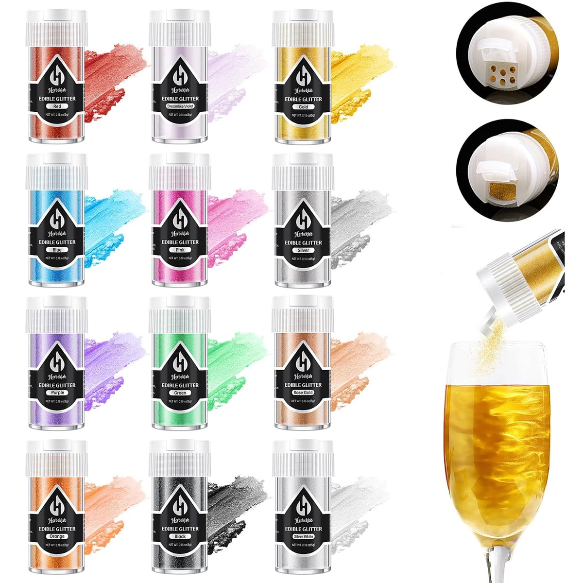 Edible Glitter – 12 Colors Luster Dust Drink Glitter, Food Grade Cocktail Shimmer Powder for Beverages, Cakes, Chocolate &amp; Candy, 5g/Bottle, Christmas Holiday Festive Baking Decoration