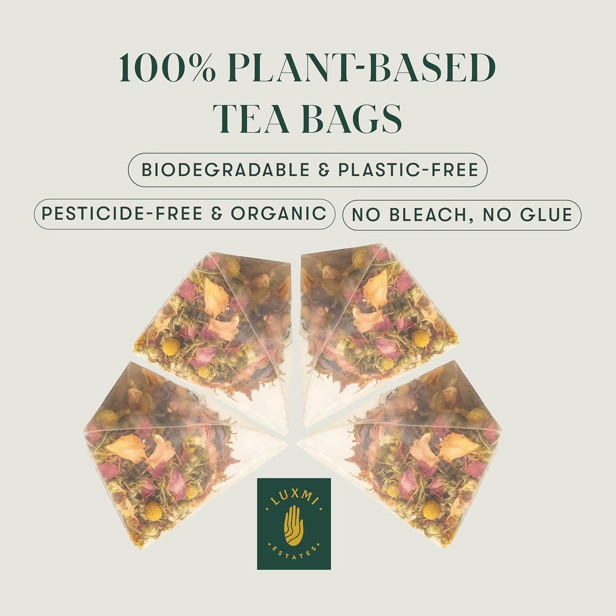 Luxmi Estates Valerian Dream Tea | 25 Pyramid Tea Bags (50g, 1.76oz) | USDA Organic Five-Herb Blend with Valerian Root, Chamomile, Lavender, Rose Petals &amp; Peppermint | Caffeine-Free, Vegan