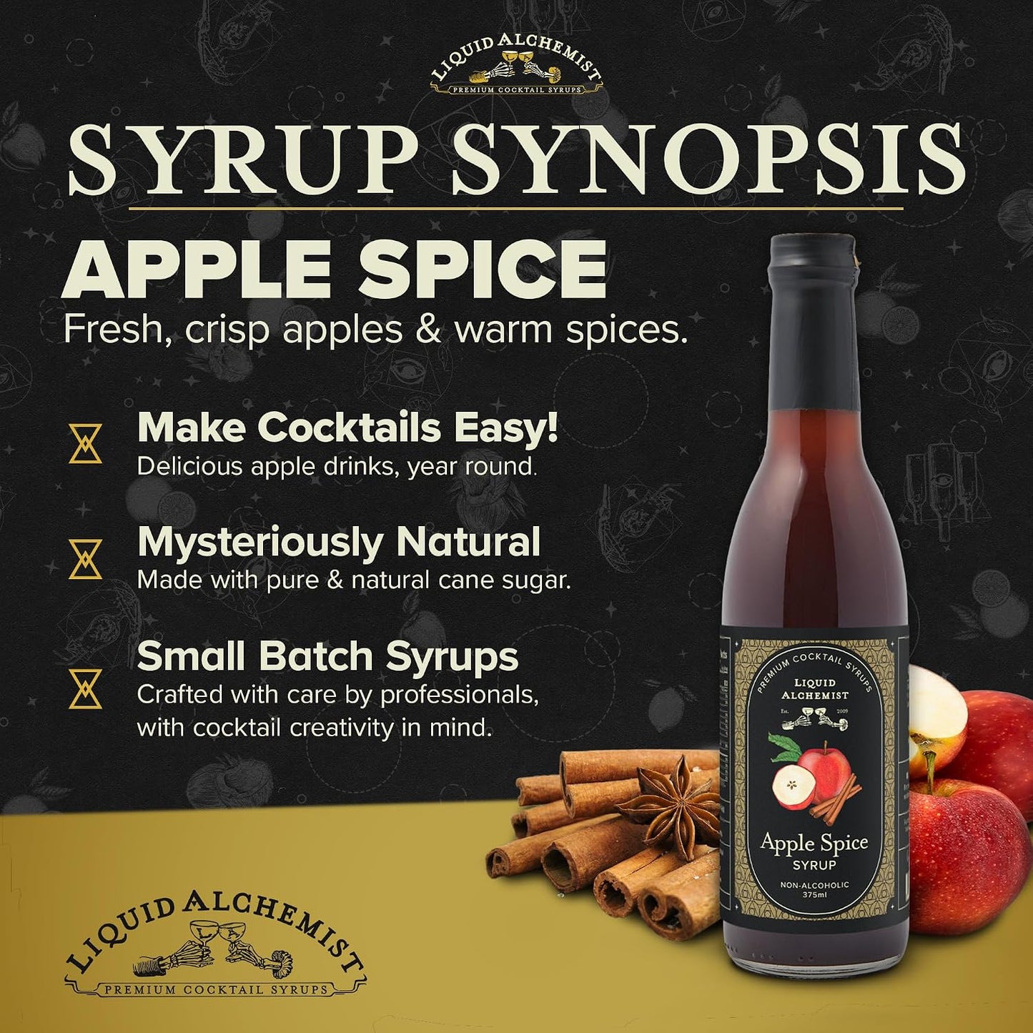 Liquid Alchemist Apple Spice Syrup for Cocktails | Real Ingredients Make our Apple Syrup for Drinks a Perfect Fall Themed Old Fashioned Mix | Small Batch Non-GMO Vegan Drink Mixer | 12.7 oz, Pack of 1