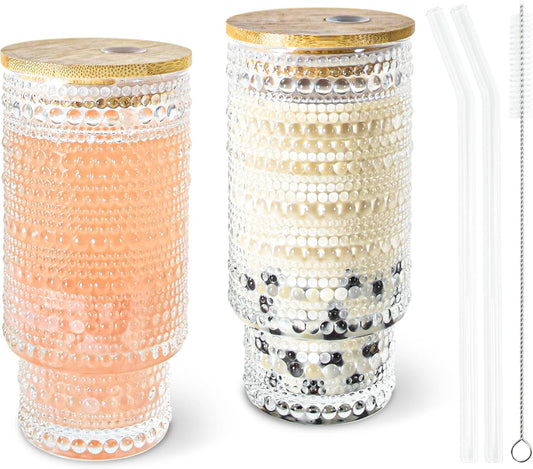 2 Pcs 11 oz Drinking Glasses Cups Set with Bamboo Lids Straws Brush Hobnail Small Drinking Glassware Set for Juice Iced