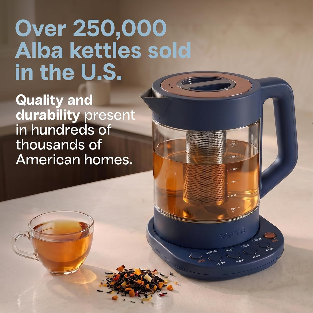 Viante Alba Electric Tea Kettle, Infuser, No Plastic, 1.5L, Midnight Blue