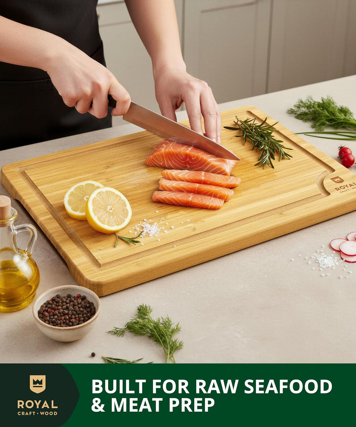 ROYAL CRAFT WOOD Wooden Cutting Boards for Kitchen Meal Prep &amp; Serving - Bamboo Wood Serving Board Set with Deep Juice Groove Side Handles - Charcuterie &amp; Chopping Butcher Block for Meat
