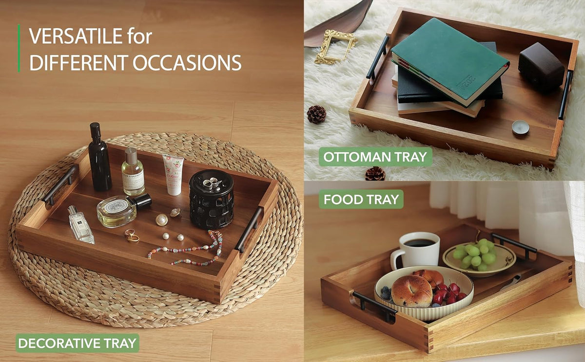 Joy&amp;Grace Acacia Wood Ottoman Tray with Handles 16.7" x 12.8" | Large Acacia Wooden Serving Tray for Coffee Table Living Room, Breakfast in Bed, Food Dinner, Kitchen, Couch (Color Natural)