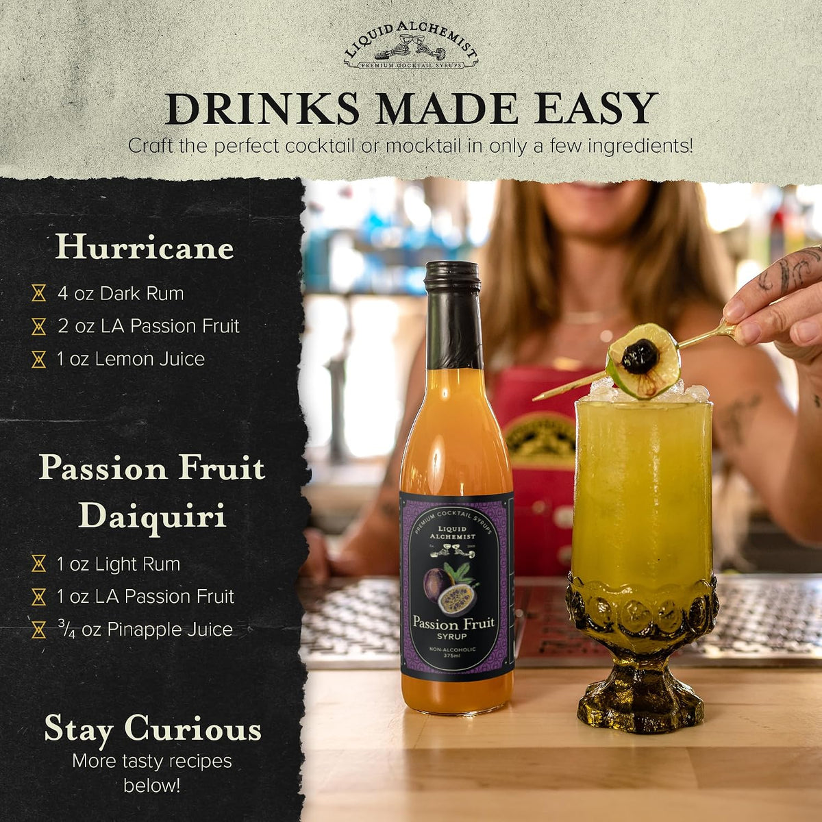 Liquid Alchemist Passion Fruit Syrup for Cocktails - Real Ingredients Make our Passion Fruit Syrup for Drinks the Perfect Margarita Mix | Small Batch Non-GMO Vegan Drink Mixer | 12.7 Oz, Pack of 1