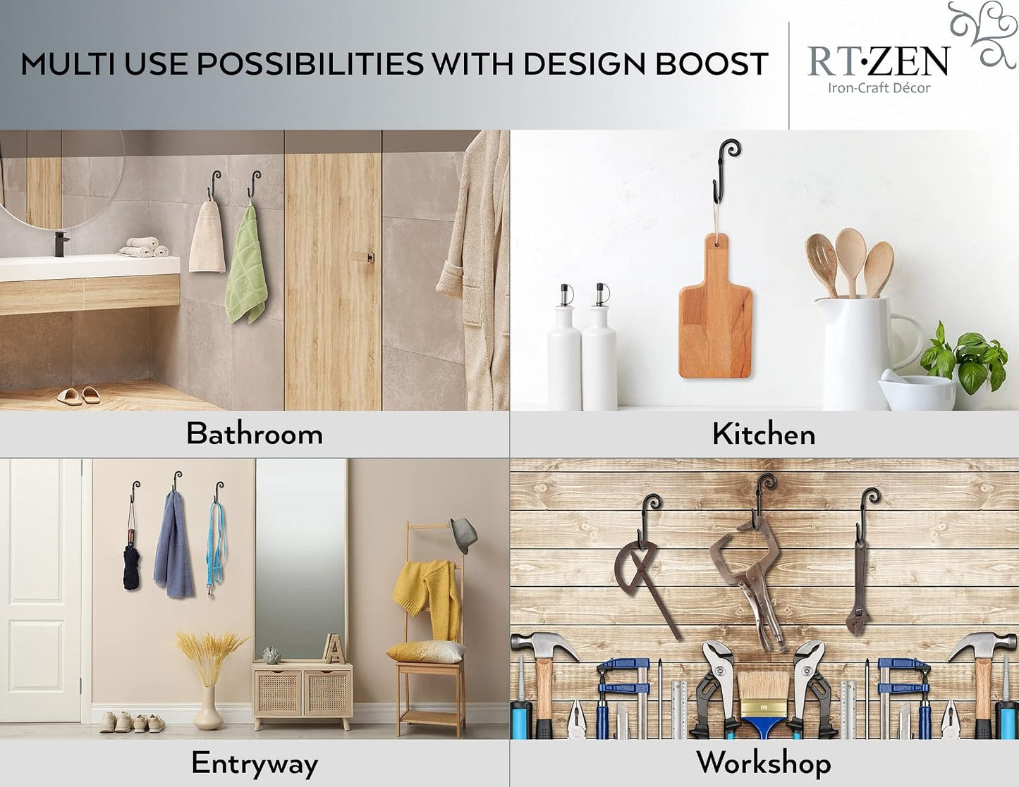 RTZEN Classic Farmhouse Wall Mount Multi-Use Wrought Iron Hook Set (3 Pack)