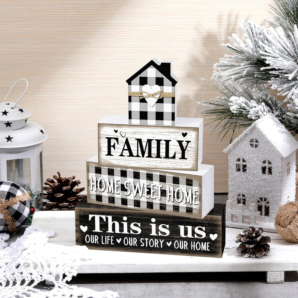 Cinnvoice 4 Pcs Farmhouse Table Decoration Rustic Sign Block,Buffalo Plaid | Home Sweet Home Sign, This Is Us Tabletop Centerpiece, black and White Farmhouse Decor for Home Indoor Kitchen Office Shelf