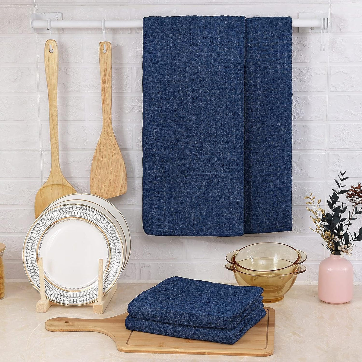 Homaxy Microfiber Waffle Weave Kitchen Towels, 16 x 28 Inch Ultra Absorbent and Solid Color Dish Towels, 4 Pack, Navy Blue