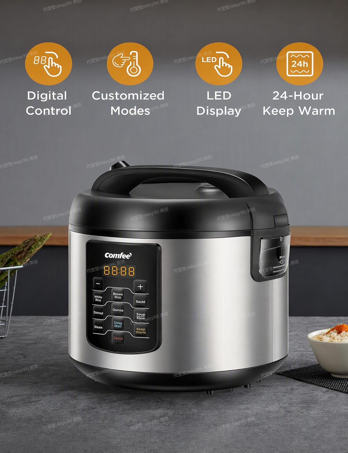 COMFEE' Rice Cooker 10 cup Uncooked/20 cup Cooked , Rice Maker, Steamer, Saute, Steamer and Warmer, 5.2 QT Large Capacity, Brown Rice, Quinoa and Oatmeal, 8 One-Touch Programs