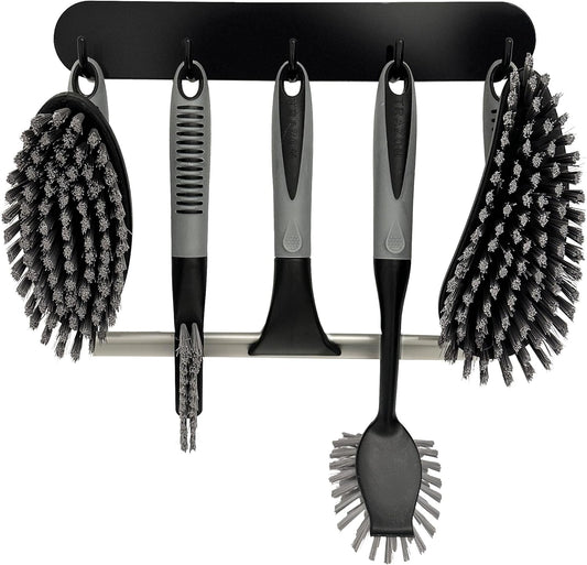 Scrub Brush Set of 6 pcs - Cleaning Shower Scrubbers with Squeegee for Shower Glass and Adhesive Wall Hooks Including Grout
