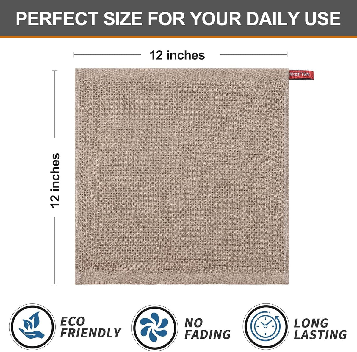 Kitinjoy 100% Cotton Kitchen Dish Cloths, 12 Pack Waffle Weave Ultra Soft Absorbent Dish Towels for Drying Dishes Quick Drying Kitchen Towels Dish Rags, 12 X 12Inch, Tan