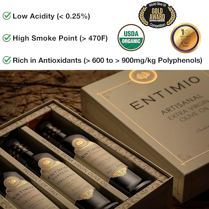 Entimio Collection Organic Italian Extra Virgin Olive Oil Gift Set from Italy, 600+ to 900+ mg/kg High in Polyphenols, 2025 Gold Winner, Early Harvest evoo, Cold Extracted, Lab Tested – 3 x 8.5 fl oz