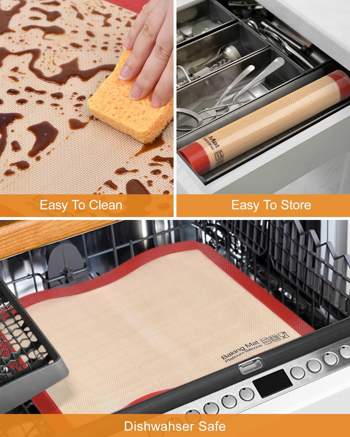 Silicone Baking Mat, Non-Stick Platinum Silicone Baking Sheet, 5 Pcs Red | Reusable, Food-Grade, Heat Resistant to 480℃, Dishwasher Safe, Half-sheets, quarter-sheets, and round mat Set, Versatility