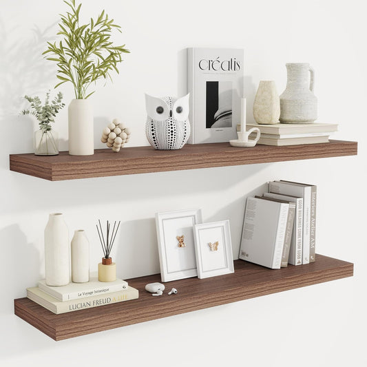 Fun Memories 40" Rustic Wood Floating Shelves with Invisible Brackets for Storage & Decor, Deep Wall Mounted Shelves for