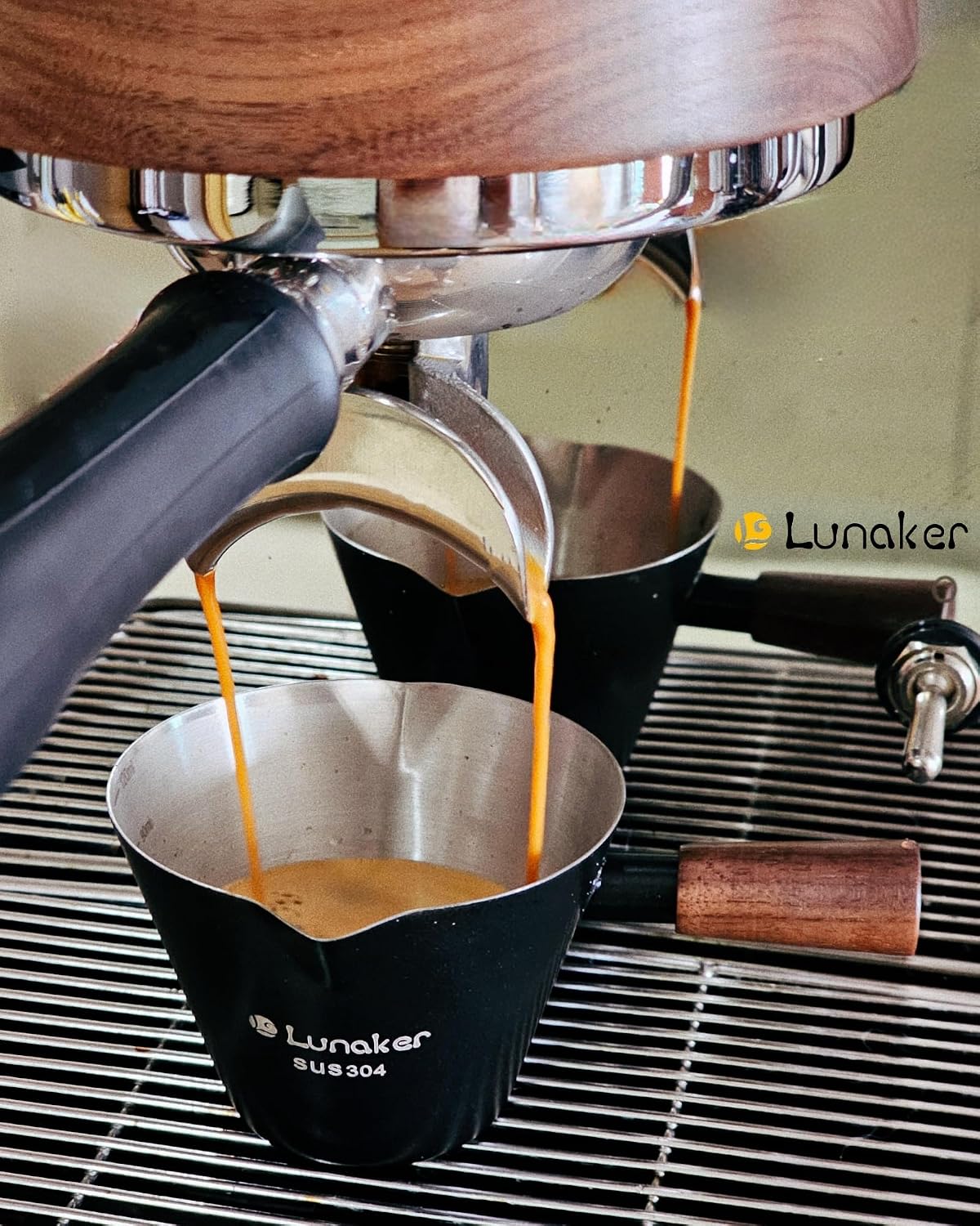 4oz Metal Espresso Shot Cups with Wooden Handle,Black | Espresso Measuring Cups, Double Spouts, Coffee Bar Accessories, Espresso Machine Accessories