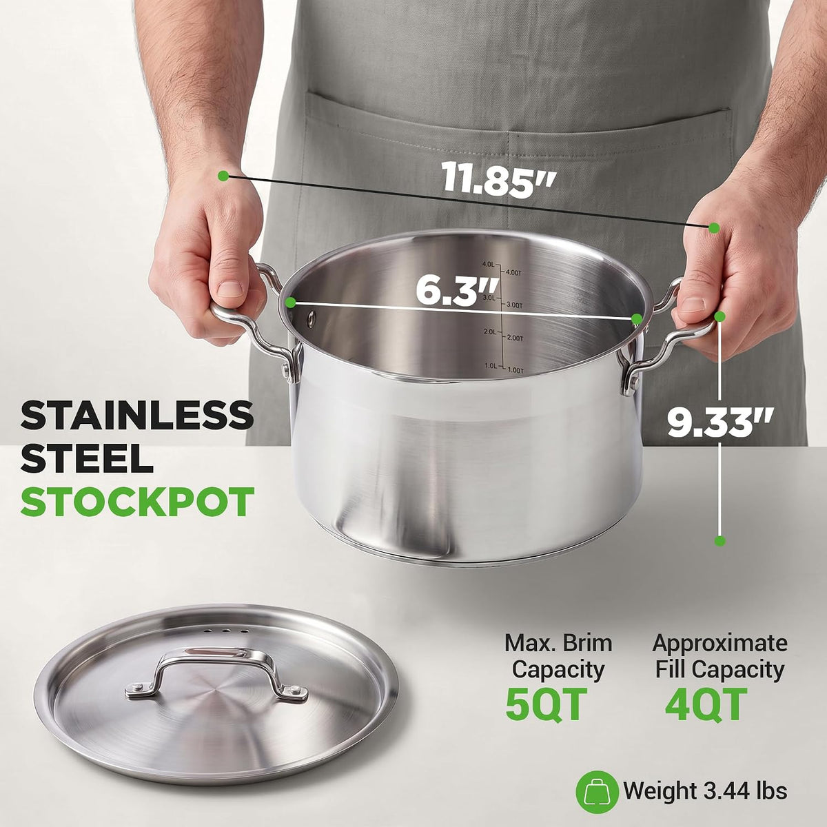 NutriChef 5-Quart Stainless Steel Stockpot with Lid- 18/8 Food Grade Heavy Duty Inox Large Stock Pot for Stew, Soup, Works w/ Induction