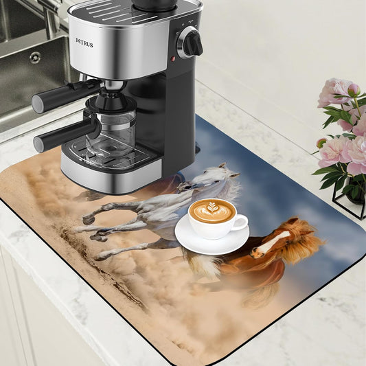 Horses Run in Desert Coffee Mat Absorbent Dish Drying Mat for Kitchen Counter Hide Stain Rubber Backed Coffee Bar