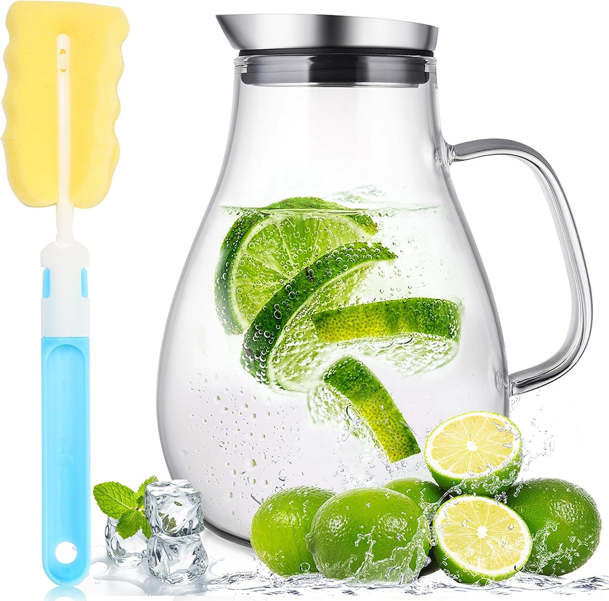 SUSTEAS 2 Liter 68oz Glass Pitcher with Lid and Handle, Removable Lid | Beverage Carafe for Cold/Hot Drink, Water Pitcher for Fridge, Iced Tea, Coffee, Juice, 1 Long-Handled Brush Included