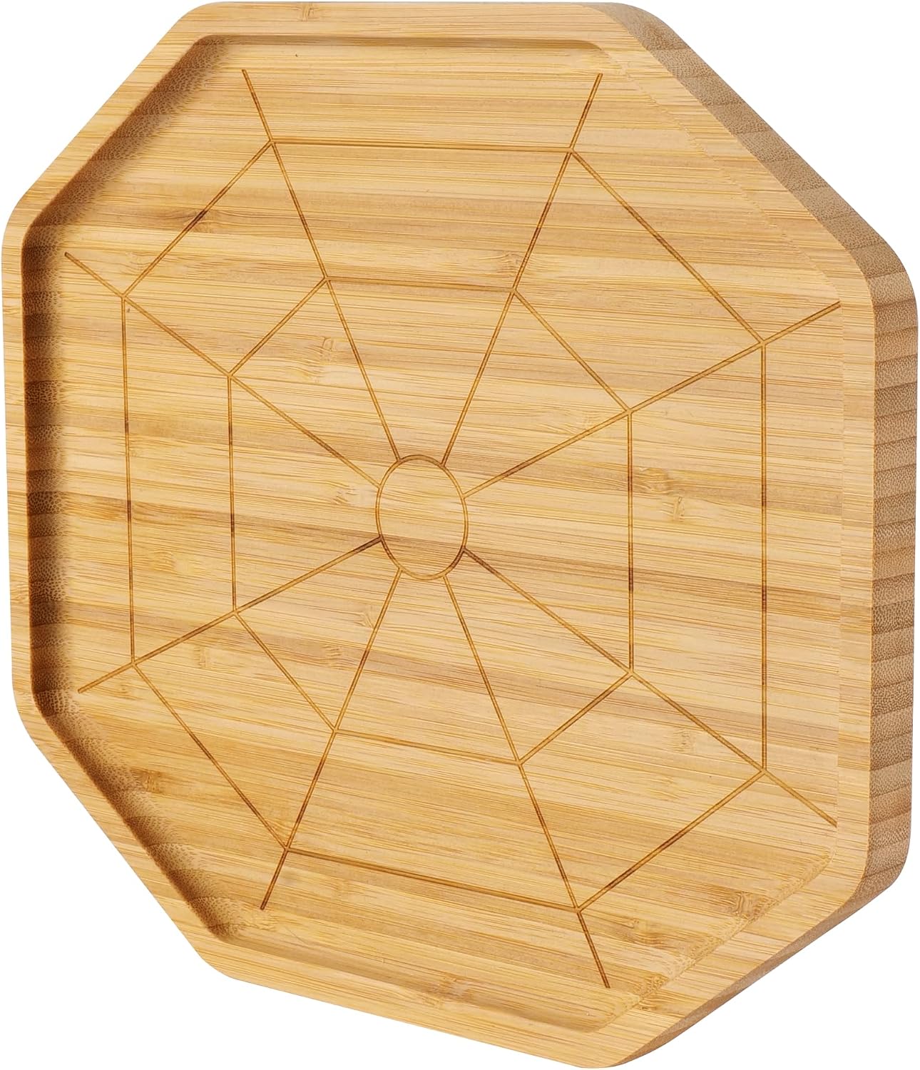 TJ POP Bamboo Serving Tray - Octagon Spider Web Design Snack Dessert Platter for Candy, Cheese, Natural Wood Appetizer Tray Charcuterie Board for Party, Home Decor &amp; Food Display (10” x 9”)