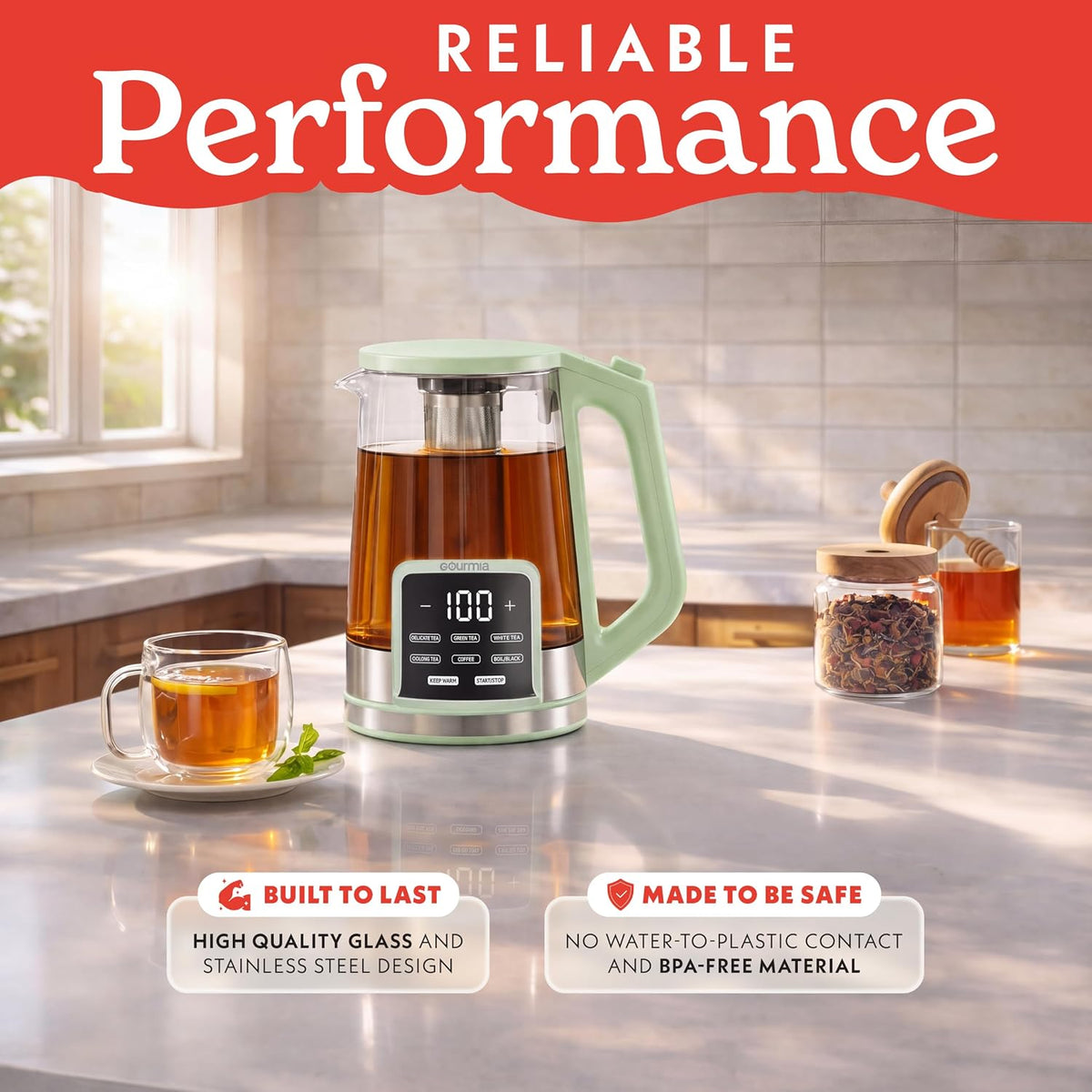 Gourmia Electric Glass Kettle - 1.7L Capacity, Digital Display, Green