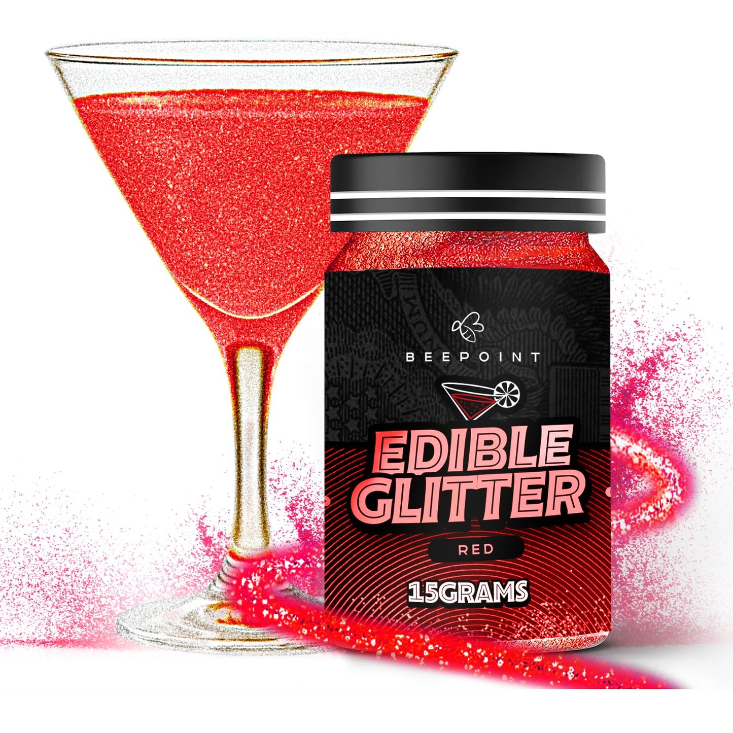 BeePoint Red Edible Glitter for Drinks 15g - Food Grade, Vibrant Color Shimmer Powdered Dust for Dri