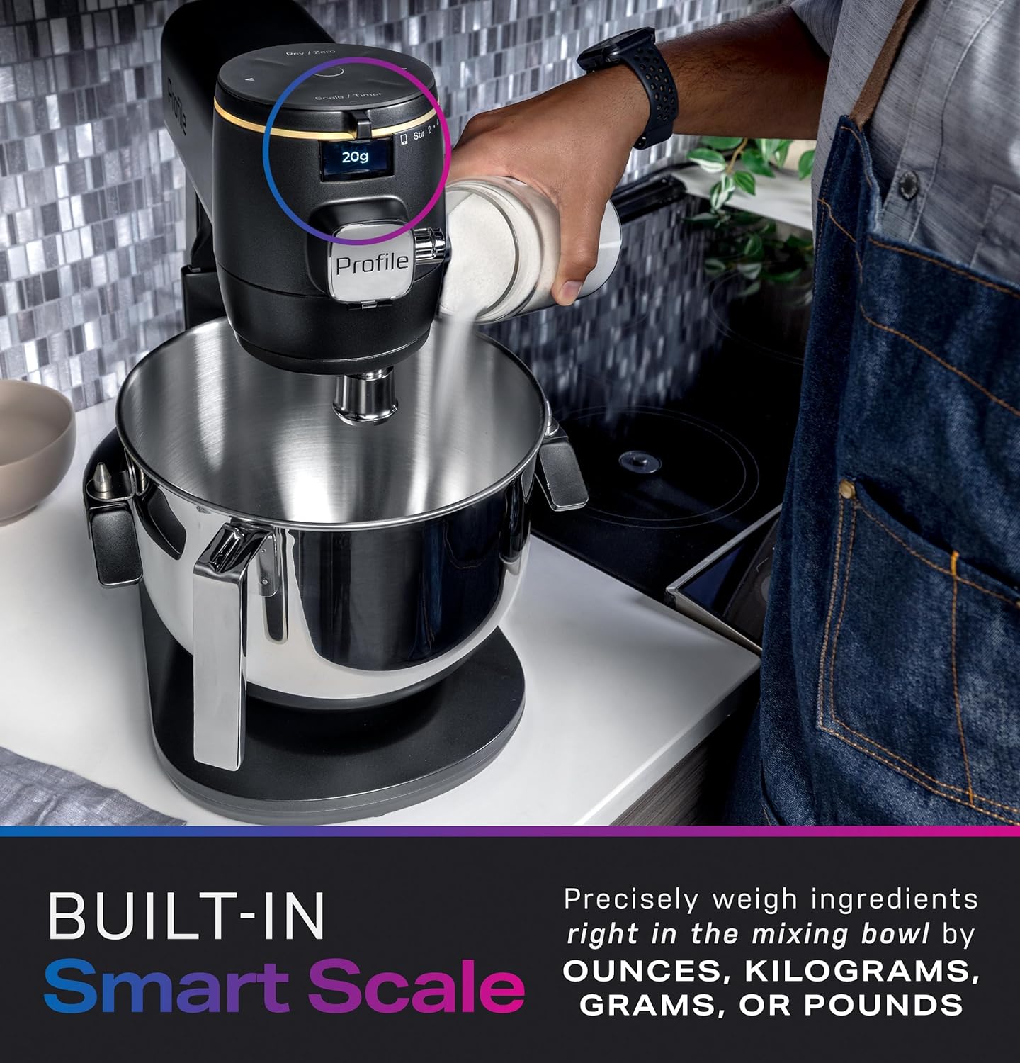 GE Profile Smart Stand Mixer, Built-In Smart Scale & Auto Sense Technology, 7qt Stainless Steel Bowl, 11 Speed, Includes Dough Hook, Beater, 11-Wire Whip, WiFi Connected, Carbon Black
