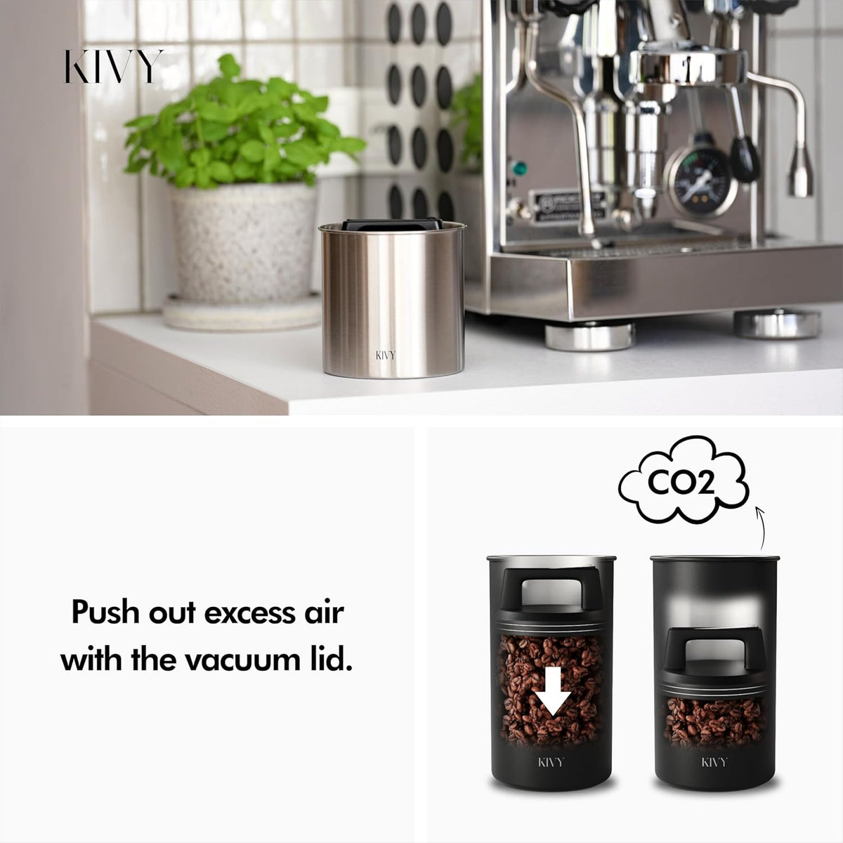 KIVY Vacuum Seal Coffee Canister [AIRTIGHT] - Coffee Canister with Airtight Lid - Airtight Jar - Air Tight Coffee Container - Coffee Storage Vacuum Canister (Stainless Steel)