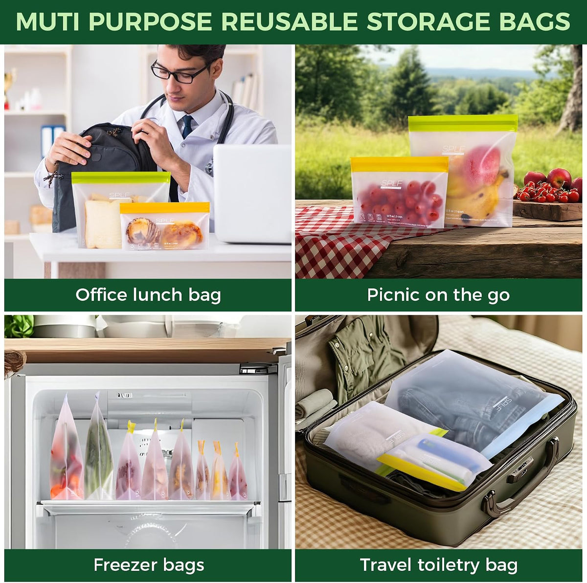 SPLF 6 Pack Stand-Up Reusable 2 Gallon Freezer Bags Dishwasher Safe, Reusable Freezer Bags 2 Gallon, Leakproof BPA Free Food Storage Bags for Marinate Meat, Veggies, Homemade Bread, Snack, Travel Item