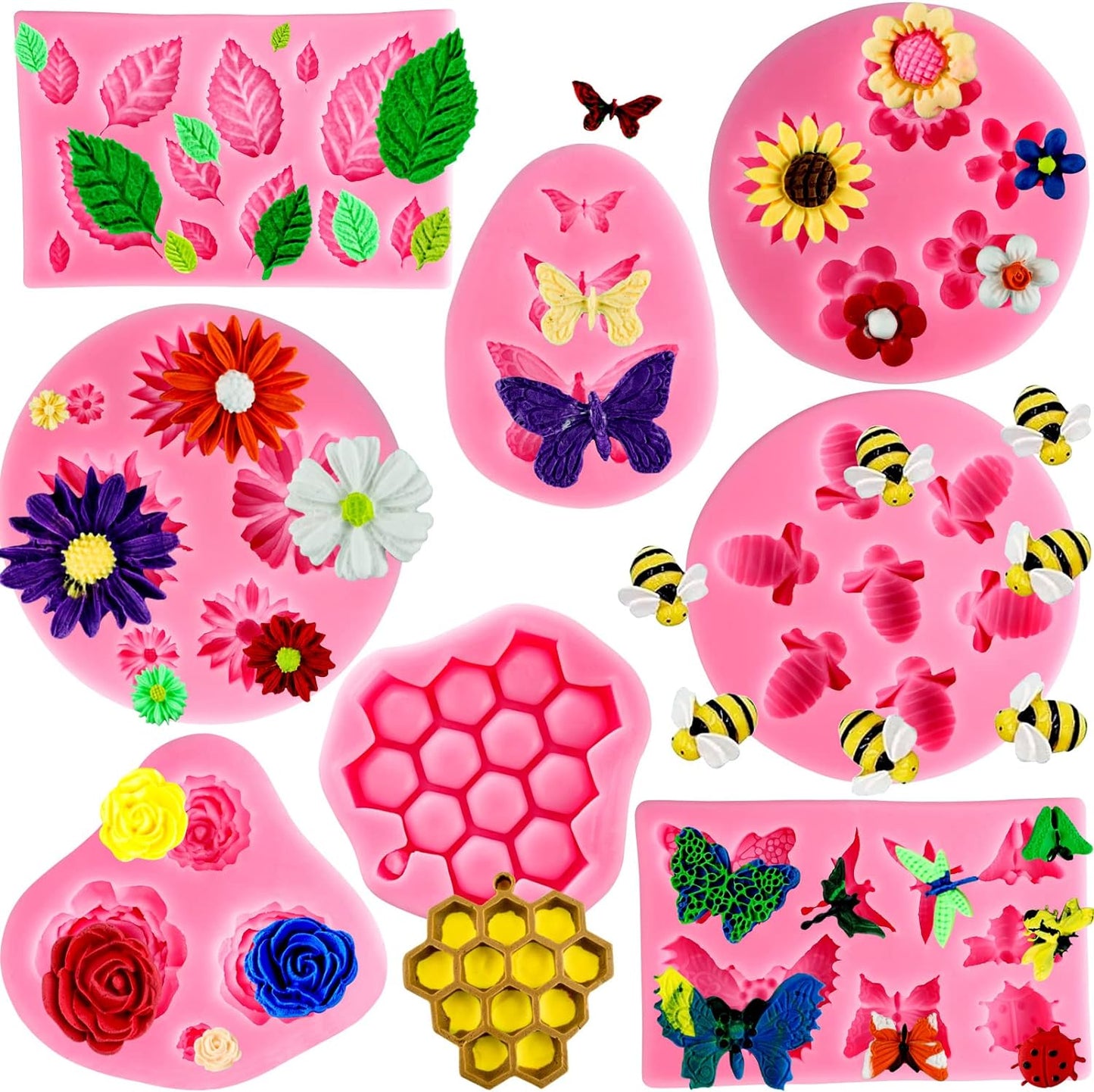 Silicone Mold Flower 8pcs Chocolate Fondant Polymer Clay Candy Gummy Mold,Rose Leaf Butterfly Bee Honey Shaped Silicone Molds for DIY Cake Cupcake