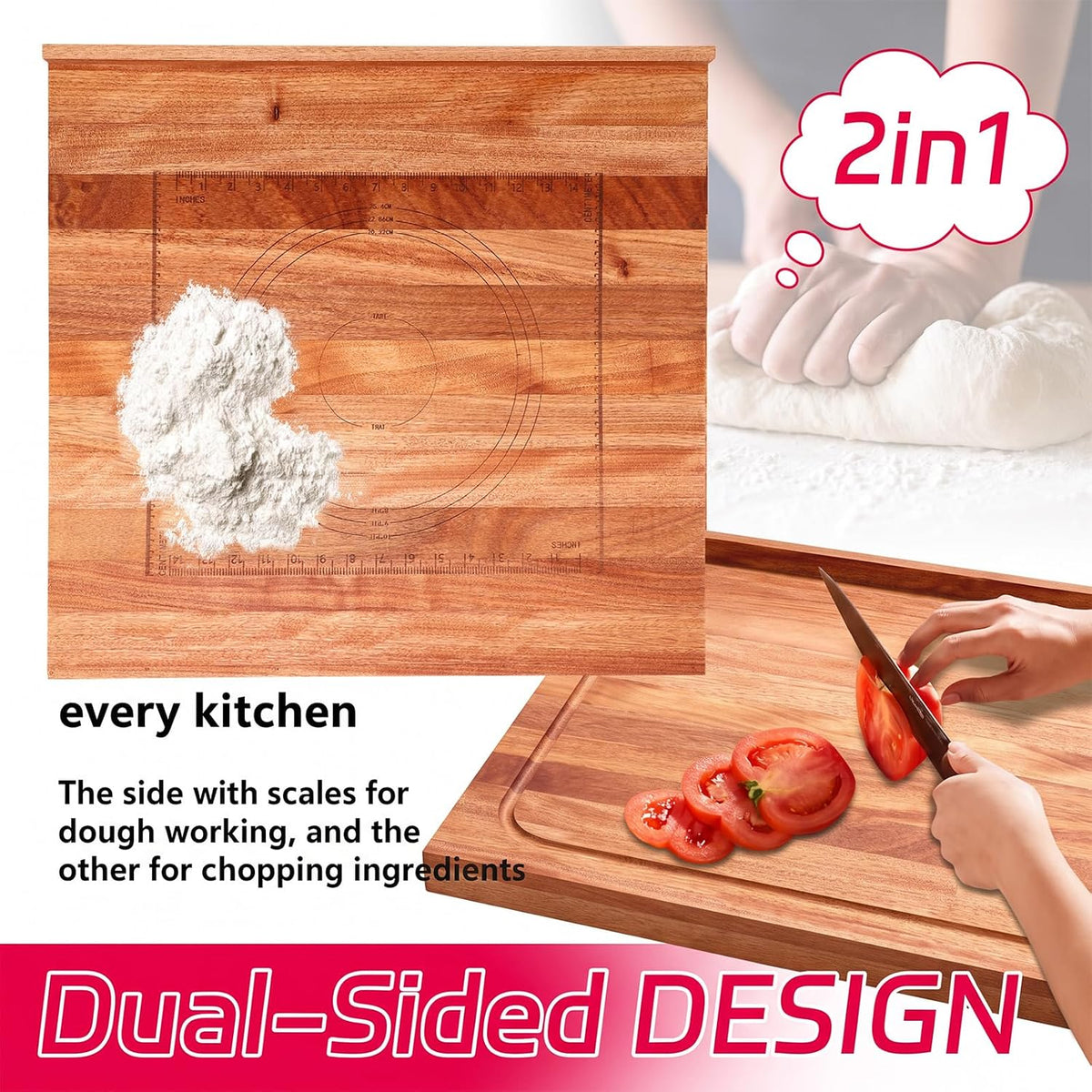 Vesici Walnut Pastry Board with Lip for Rolling Dough 24" x 22.8" x 1.5" Large Wooden Cutting Chopping Kneading Board with Engraved Measurements for Counter Tabletop Kitchen