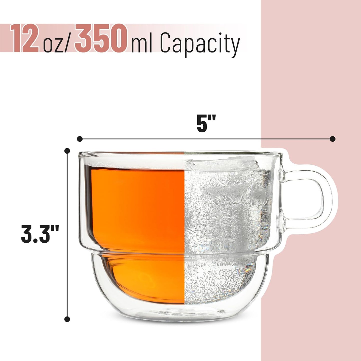 BTaT- Double Walled Stackable Glass Coffee Mugs, 12 oz, Set of 4, Glass Coffee Cups with Handle, Insulated Clear Coffee Mug for Hot and Cold Beverages, Cappuccino, Latte, Tea, Americano