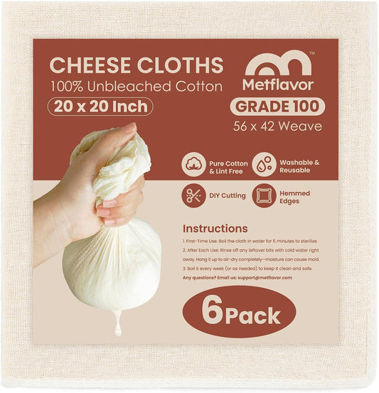 6Pcs Reusable Cheesecloth for Straining 20x20 Inch,100 Grade Cheese Cloths Hemmed 4 Edges, 100% Unbleached Cotton Cheese
