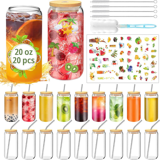 20 OZ Glass Cups with Lids and Straws, 20 Pack Drinking Glasses with Bamboo Lids Stylish Glass Beer Can Cups with Stainless