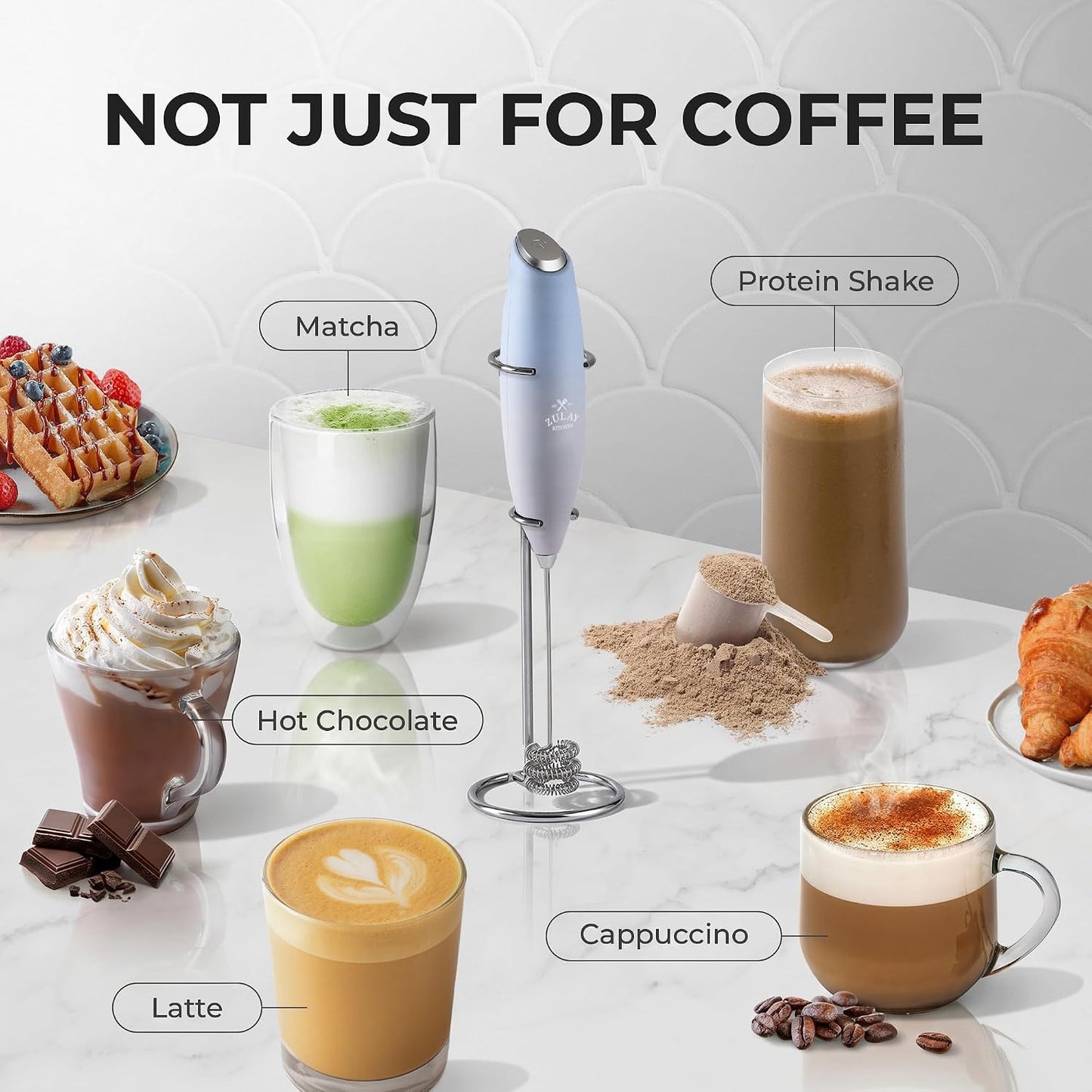 Zulay Kitchen Powerful Milk Frother Wand With Duracell Batteries - Ultra Fast Handheld Drink Mixer - Electric Whisk Foam Maker for Coffee, Lattes, Cappuccino &amp; Matcha - Triple Whisk - Pale Cloud