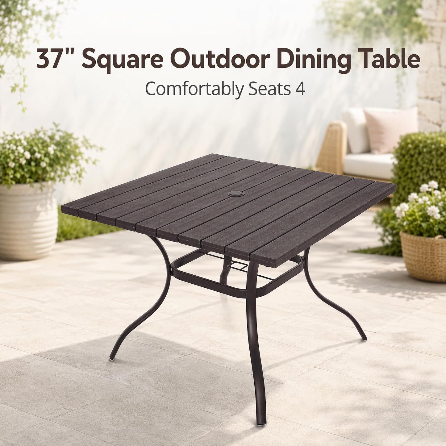 Anmutig 37" Outdoor Dining Table with 1.6" Umbrella Hole, Brown | Square Plastic Patio Table with Metal Steel Frame for