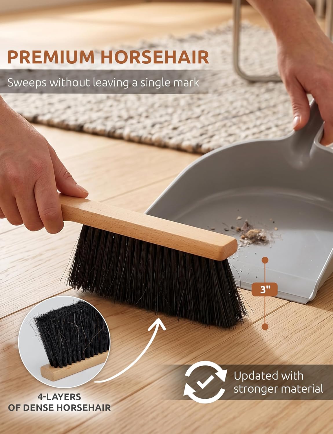 TAKAVU Firm Horsehair Counter Brush, 12.6 in Hand Brush with Wood Handle
