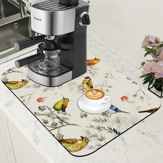Cute Birds Coffee Mat Absorbent Dish Drying Mat for Kitchen Counter Hide Stain Rubber Backed Coffee Bar Accessories Fit