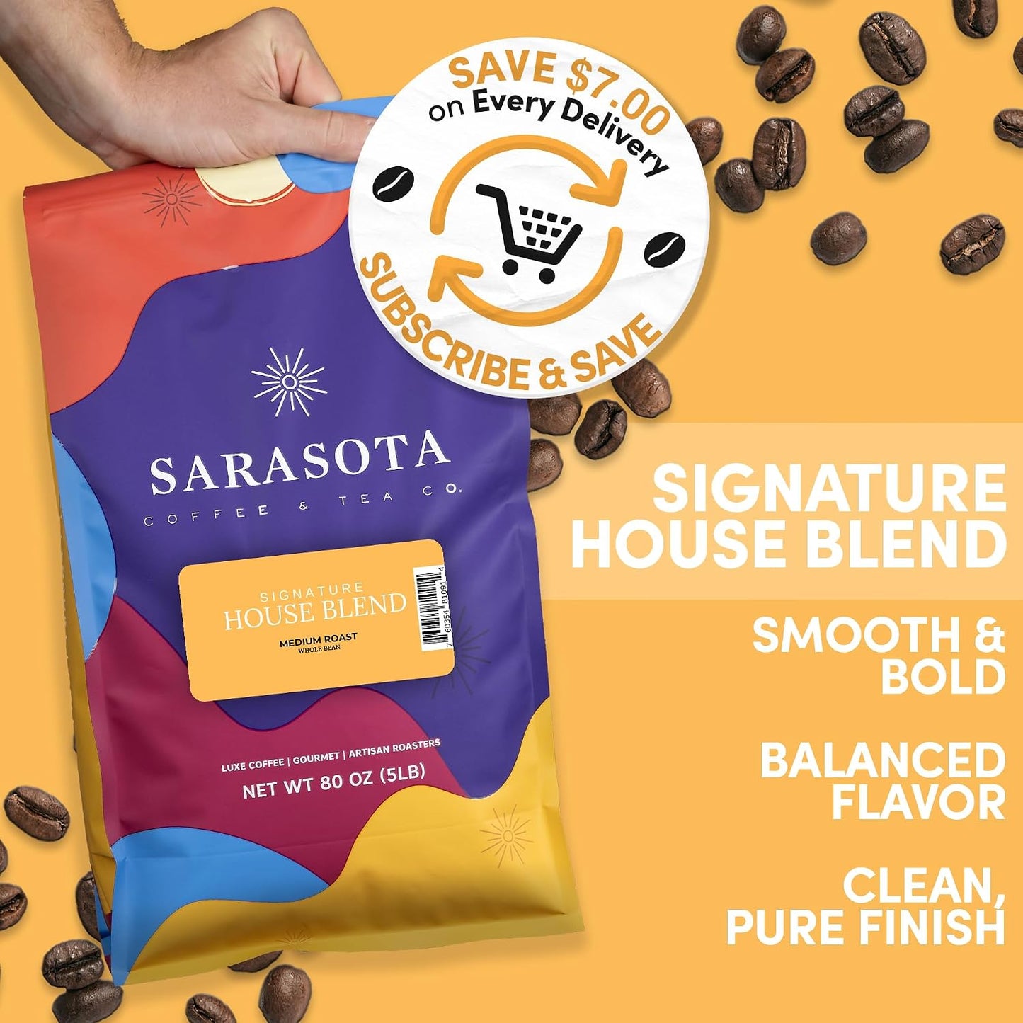 Sarasota Coffee Whole Bean Signature House Breakfast Blend | Medium Roast Gourmet Coffee Beans | Low Acid, Mold Free, Specialty Grade Bulk Beans | 5lb (80 oz)