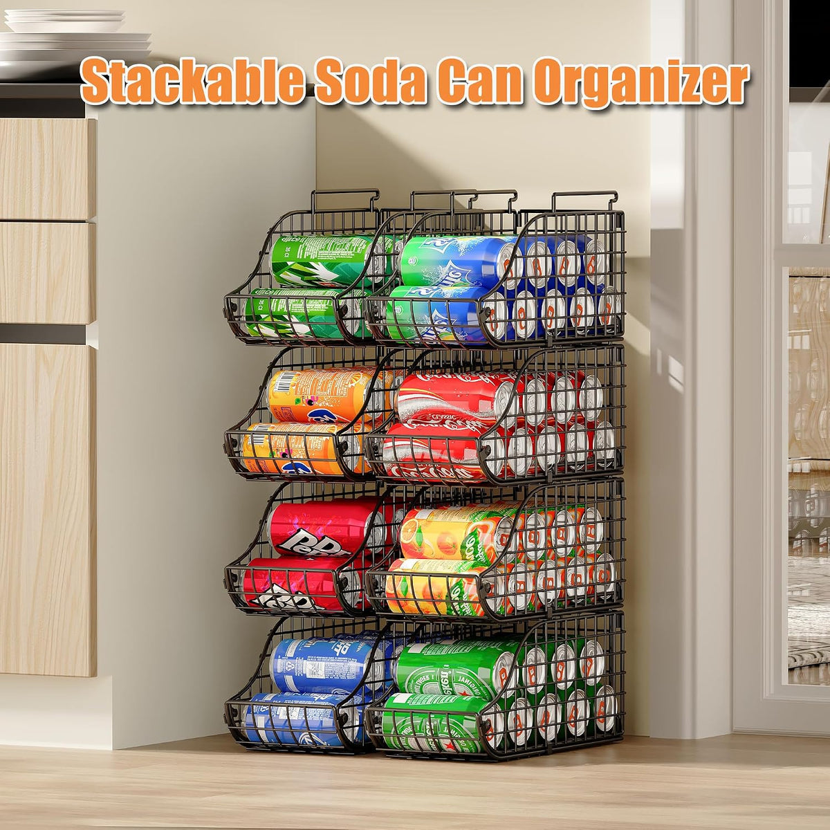 4-Pack Stackable Canned Food Organizer with Handles for Kitchen, Soda Can Organizer for Pantry Shelves, Wire Cabinet Shelf for Can Storage, Foldable Soda Dispenser, Patent Pending, Black