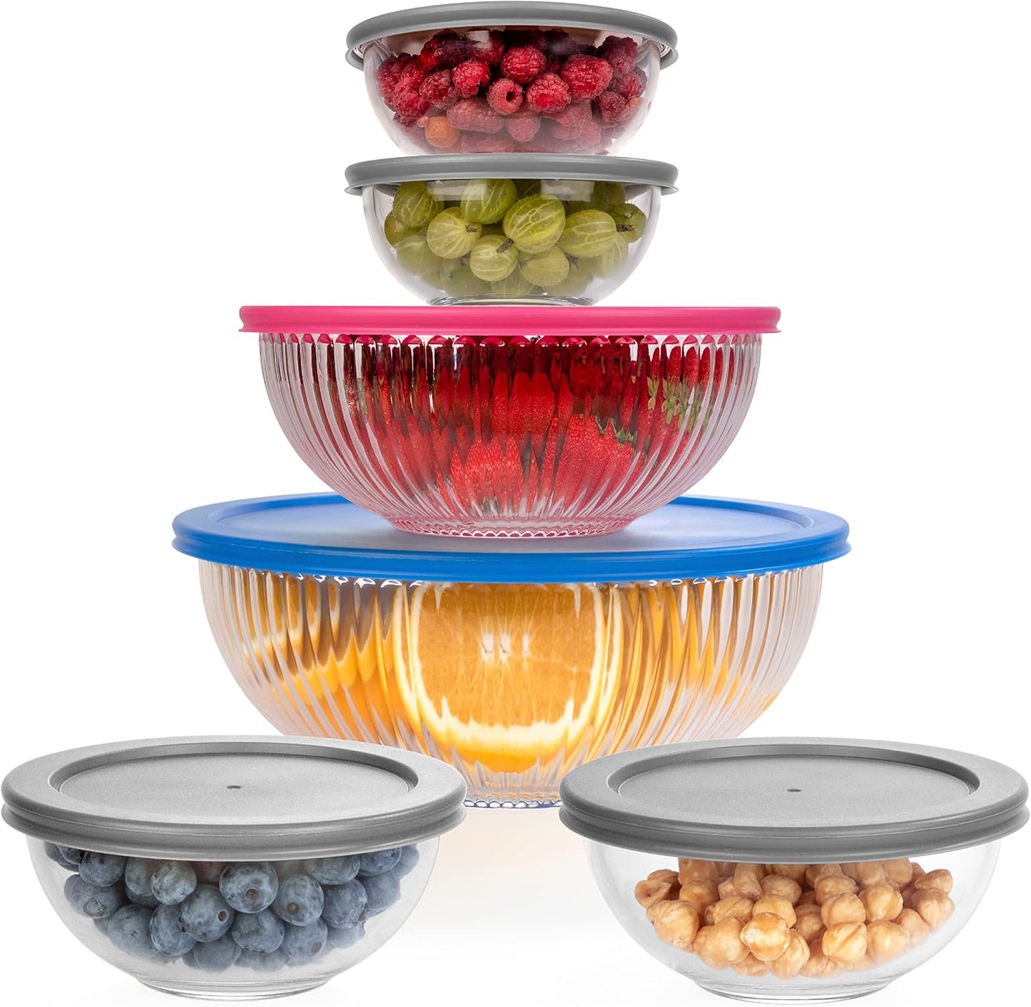 Set of 6 Stackable Space-Saving Nesting Glass Bowls | with BPA Free Lids for Foodprep, Storage, Baking, Mixing &amp; Cooking, Microwave Safe - Durable Inert Borosilicate Glass