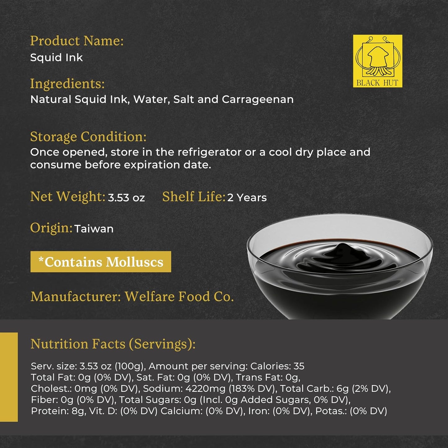 Black Hut Squid Ink for Cooking, Cuttlefish Ink, 5g x 20 Pack, 3.53 oz | Natural Squid Ink Pasta, Black Food Coloring, Calamari Ink for Rice Noodles Spaghetti Risotto, Halal Certificate