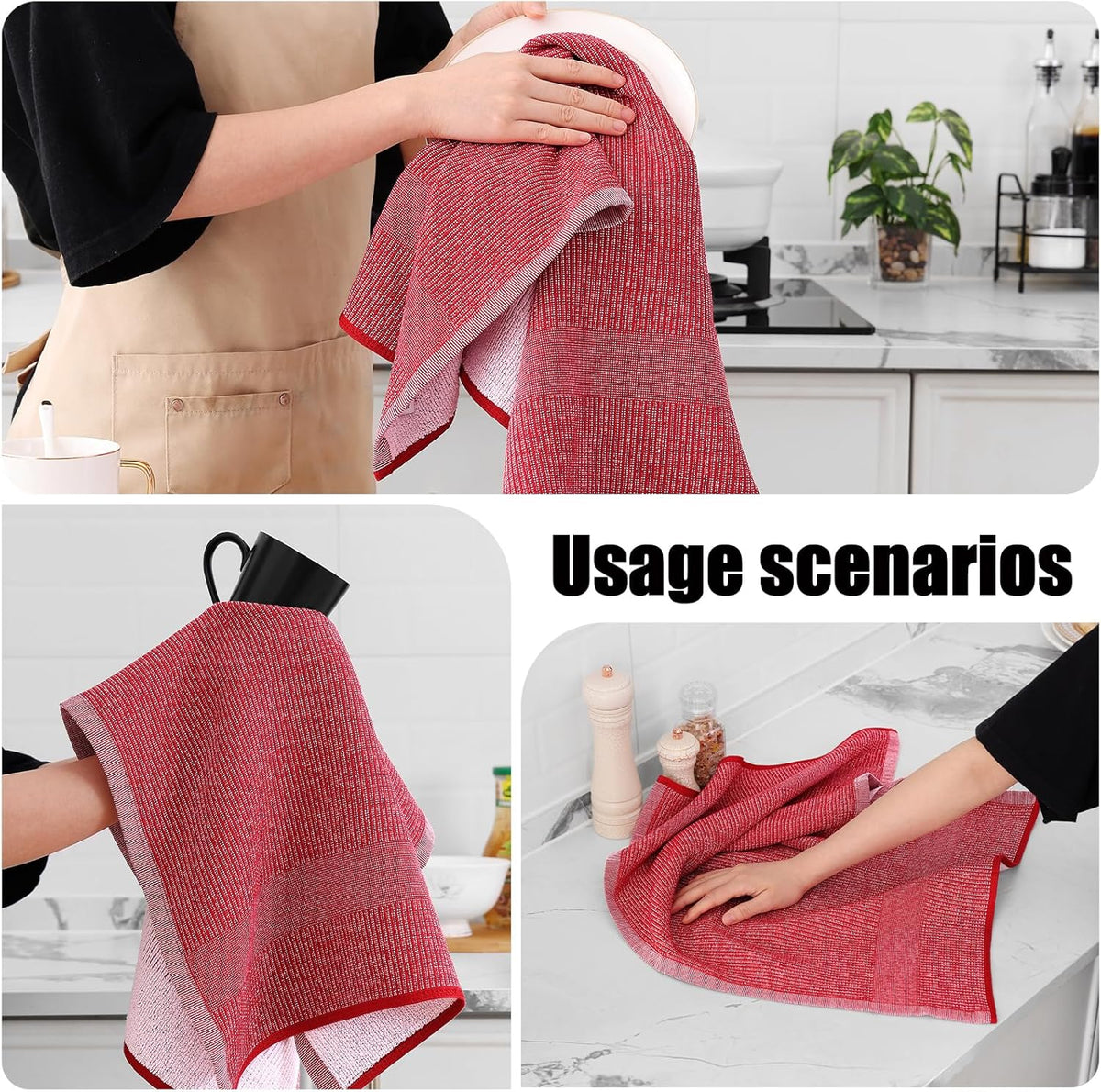 Homaxy Premium Kitchen Towels(18”x 28”, 8 Pack), Large Cotton Kitchen Hand Towels, Flat and Terry Dish Towels, 380 GSM Highly Absorbent Tea Towel Set with Hanging Loop, Red