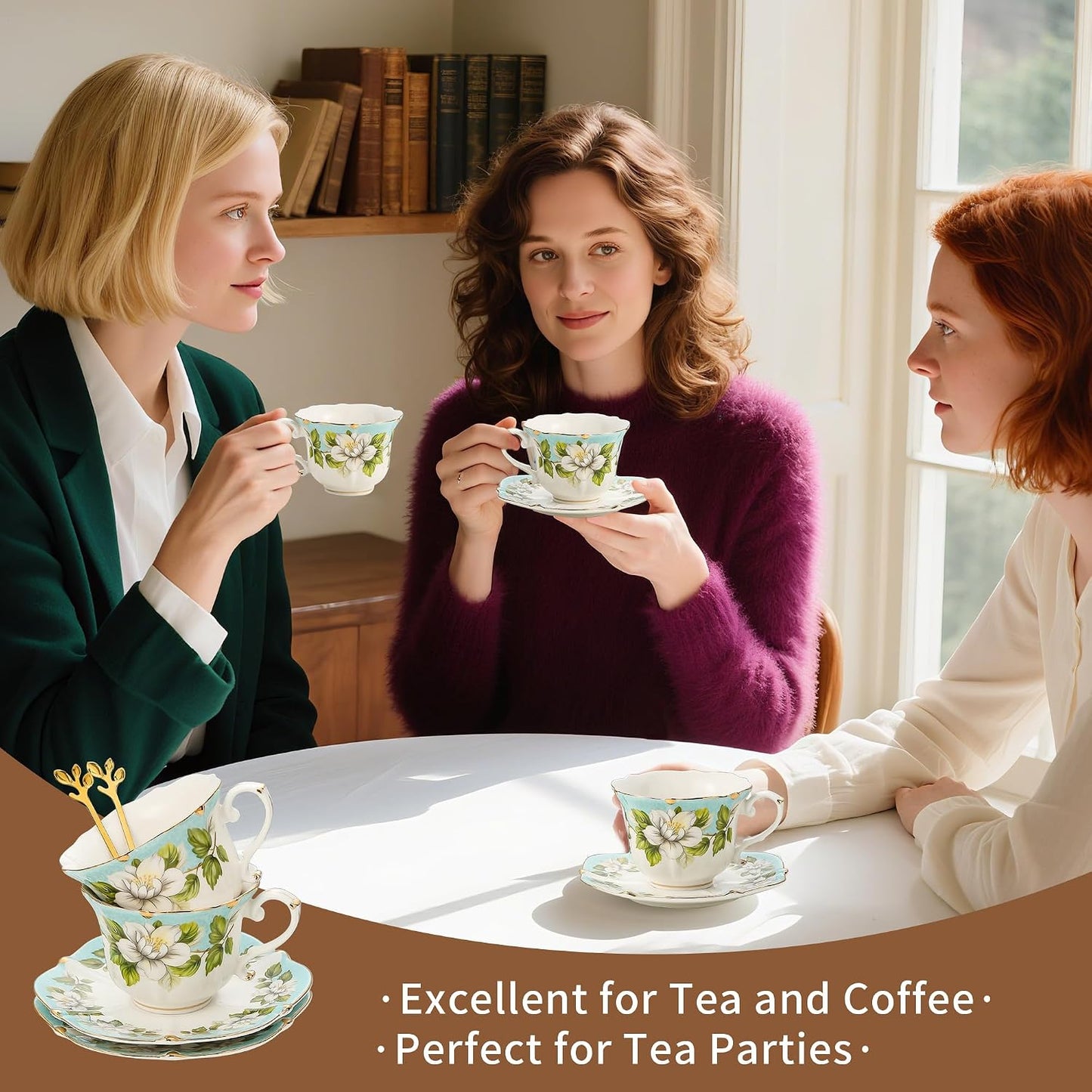 TATSUMI Country Roses Bone China Tea Cup and Saucer Set, 3 Pieces, Vintage Style, For Women and Tea Parties(Light Green, 1 set)