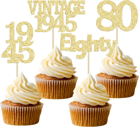 Gyufise 24Pcs 80th Birthday Cupcake Toppers Glitter Cheers to 80 Fabulous Eighty Vintage 1945 Cupcake Picks 80th Birthday