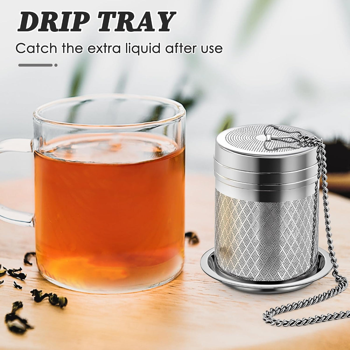 Yoassi Tea Infusers for Loose Tea, Extra Fine Mesh Tea Strainers, 18/8 Stainless Steel Loose Leaf Tea Steeper Tea Diffusers with Extended Chain Hook and Drip Tray 1 Pack
