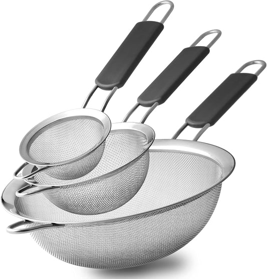 Stainless Steel Fine Mesh Strainers, Set of 3 Sizes Strainer for Kitchen, Wire Sieve with Insulated Handle Kitchen Strainer,