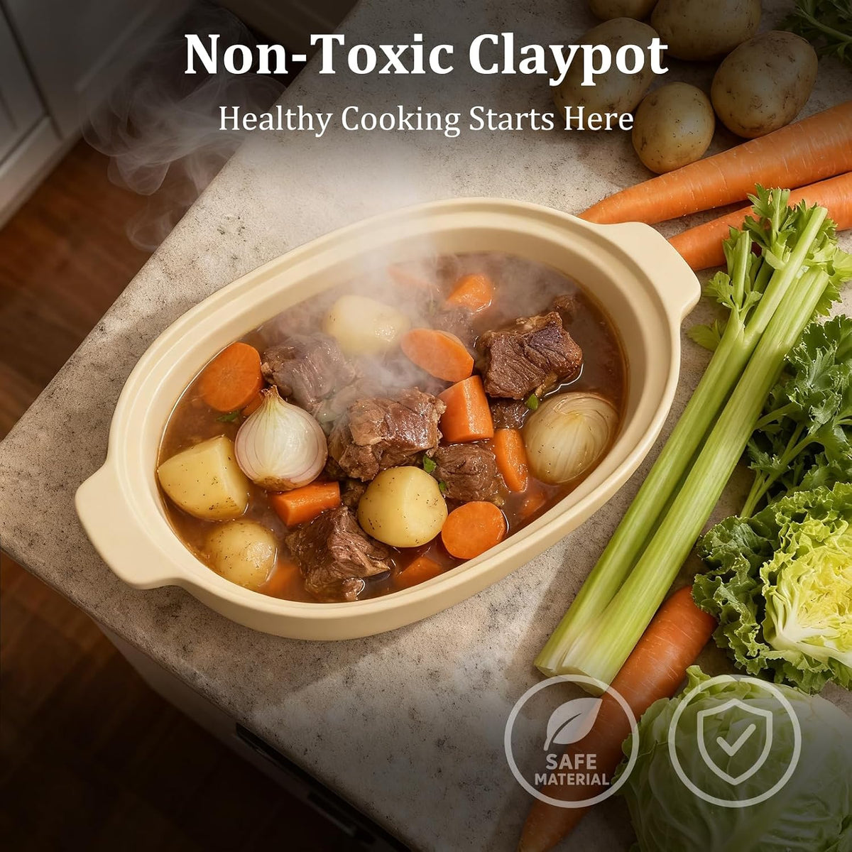 MAGNIFIQUE 4 Quart Claypot Multi-Cooker, with 8-in-1 Casserole Programmable Slow Cooker, Dutch Oven, Pasta, Nonstick Oven Safe Pot to 450°F, Brown